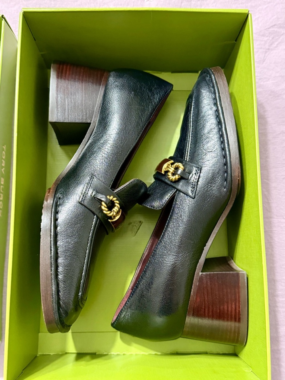 Tory Burch Black Leather Loafers with Gold Chain Accent
